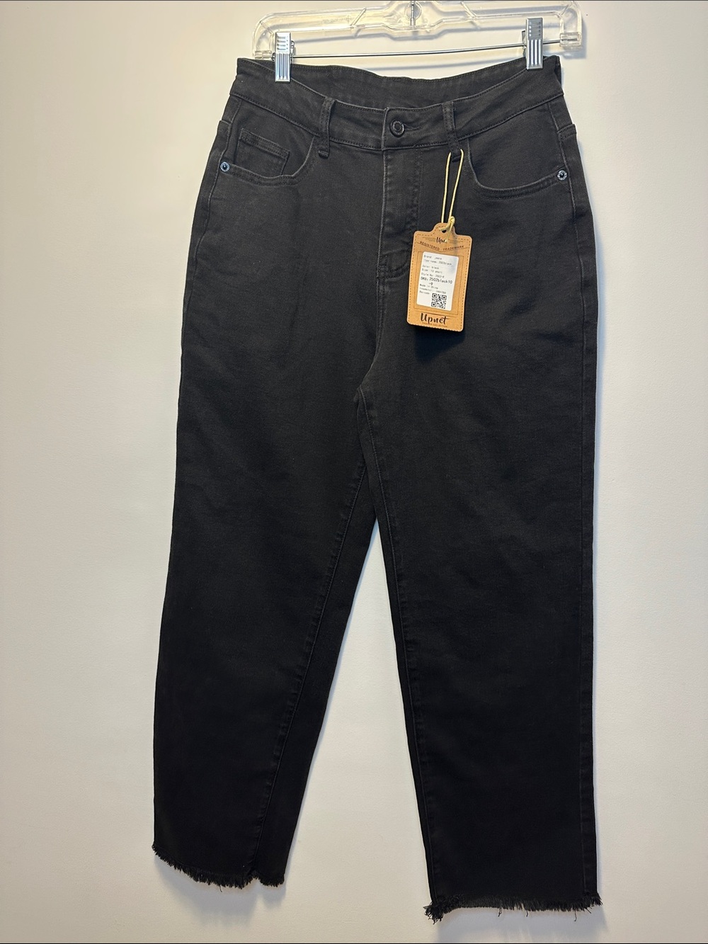 Upnet High Rise Stretch Black Denim Ankle Barrel Jeans with Frayed Hem